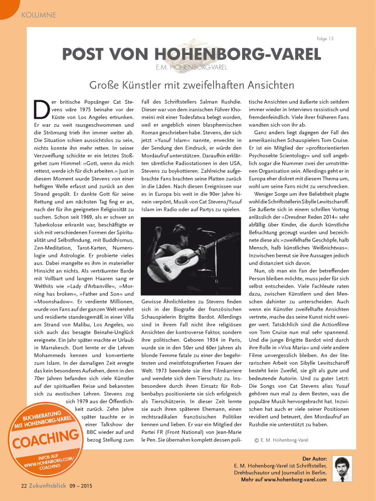 "Große Künstler mit zweifelhaften Ansichten" - Folge der Kolumne "Post von Hohenborg-Varel" im ZB-Magazin 09/2015