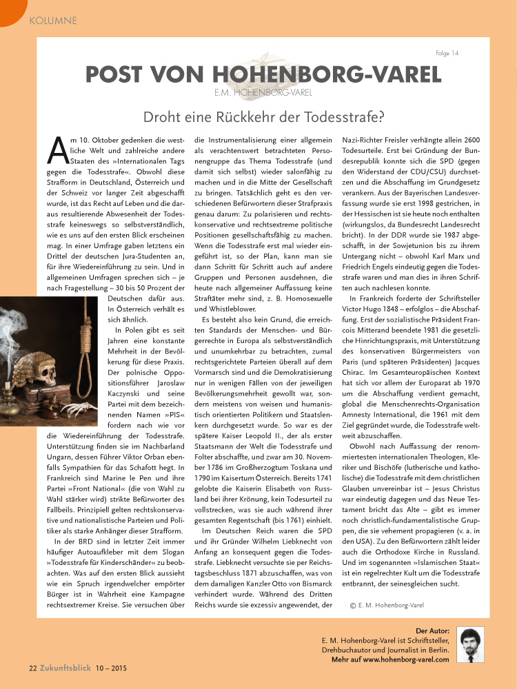 "Droht eine Rückehr der Todesstrafe?" - Folge der Kolumne "Post von Hohenborg-Varel" im ZB-Magazin 10/2015