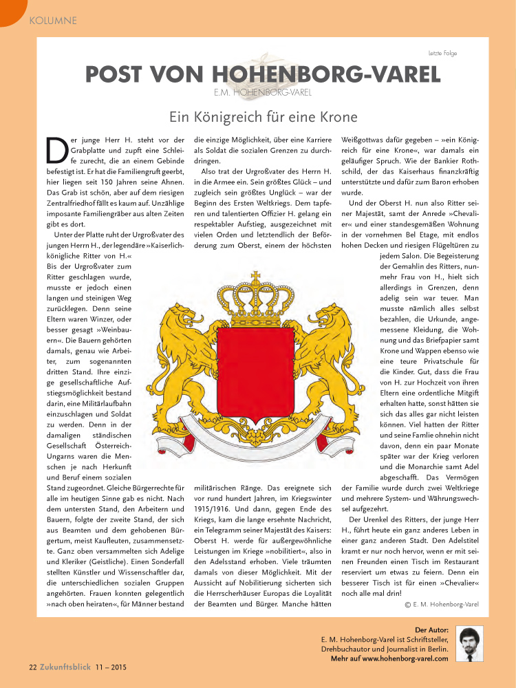 "Ein Königreich für eine Krone" - Folge der Kolumne "Post von Hohenborg-Varel" im ZB-Magazin 11/2015